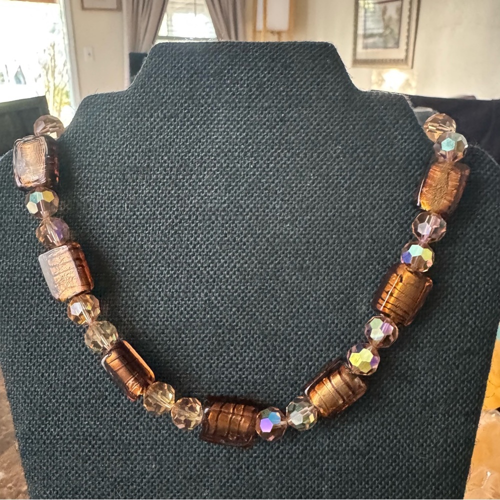 VTG Elgnt Earth Glass Beaded Rectangle Tube Crystal Faceted Rnd Chk Necklace 19”